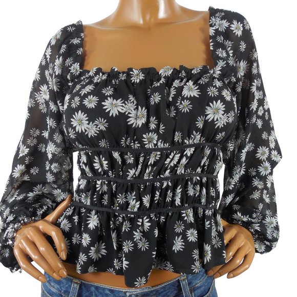 LEYDEN L New Black Daisy Print Cropped Top Stretch Bodice Long Sheer Sleeves - Picture 3 of 9